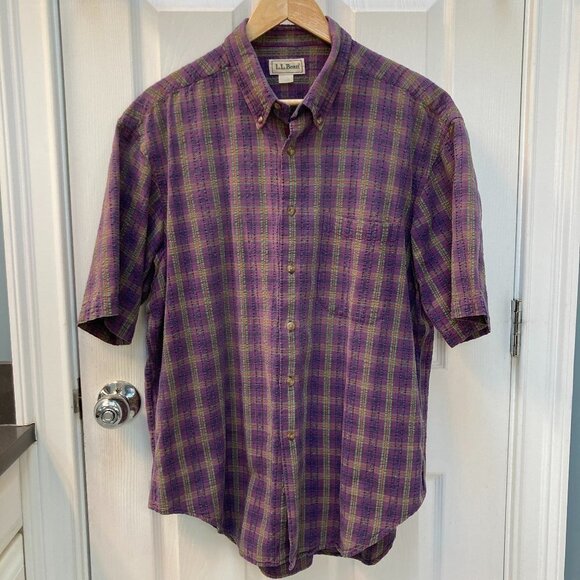 Vintage L.L. Bean Purple Plaid Textured Cotton Weave Short Sleeve Size Large - Picture 1 of 7